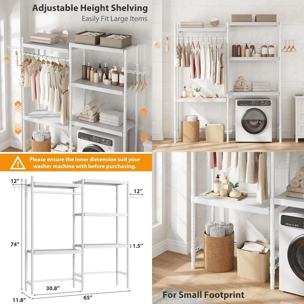 

5-Tier Adjustable Height Over-The-Washer Laundry Organizer with Double-Layer Wood Shelves, 100 LB Capacity, Space-Saving Storage