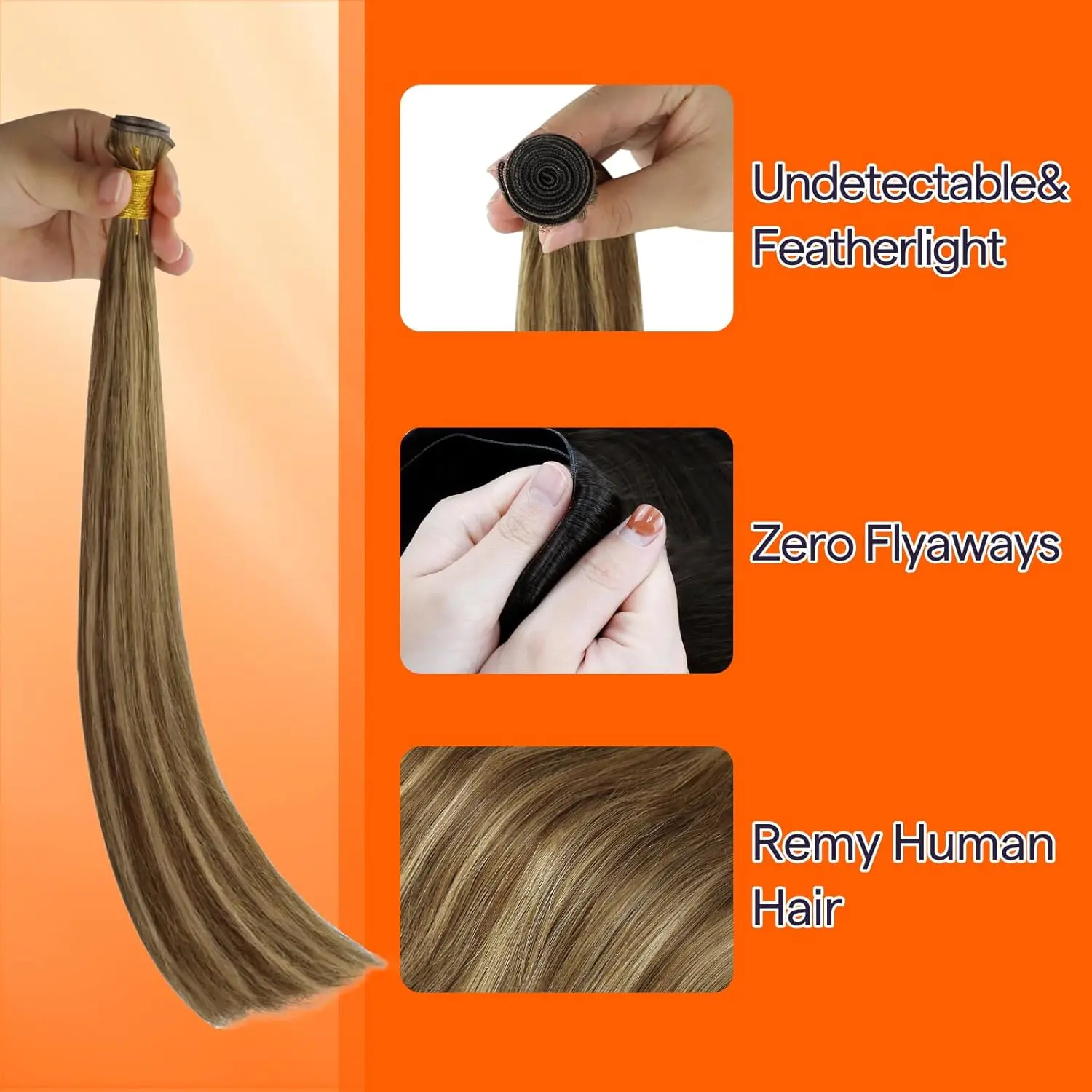 وصلة شعر لحمة عبقرية لامعة بالكامل، لون البيانو، خياطة شعر بشري في وصلة شعر غير مرئية #5