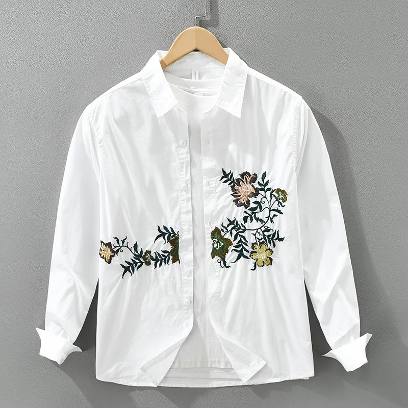 

Мужская рубашка с длинными рукавами в японском стиле с тяжелой вышивкой, модная, универсальная, в литературном стиле, повседневная, свободного кроя.