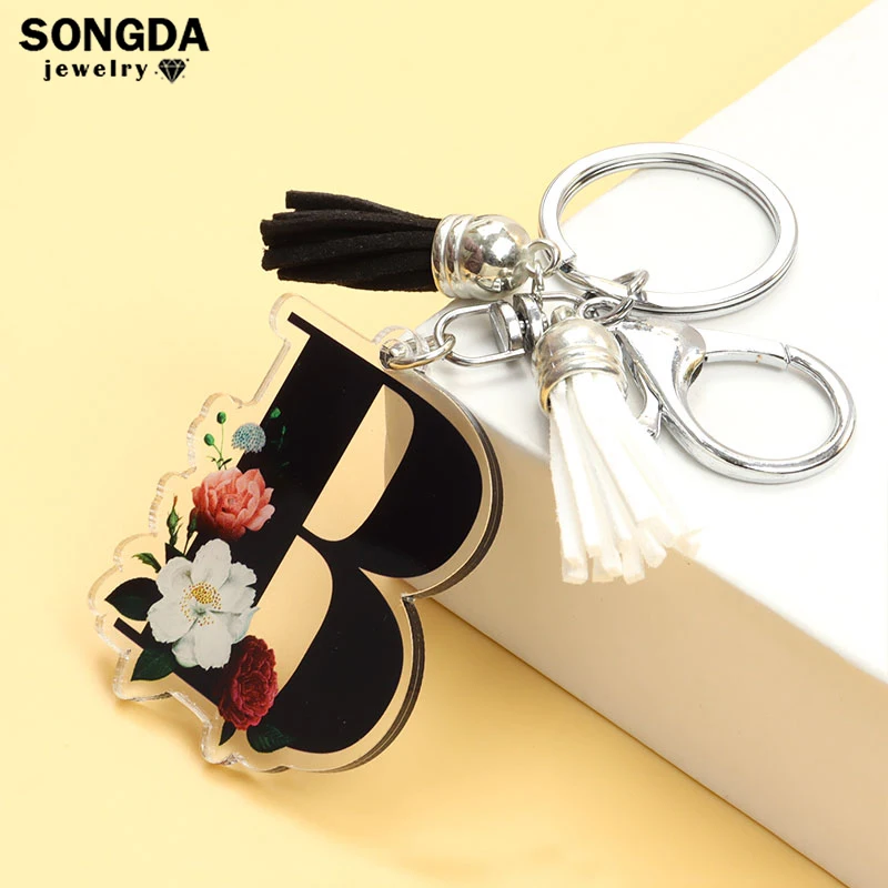 Trendy 26 Alphabet Acrylic Keychain Initial Letters Art Petal Pattern Tassel Keyrings Fit Keys Bag Holder Woman Men Unisex Gifts