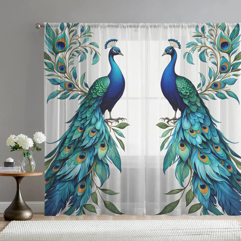 

2 шт. Декоративные занавески для дома с сине-зеленым принтом павлина и чехлами для карнизов, подходят для кухонь, кафе и гостиных.