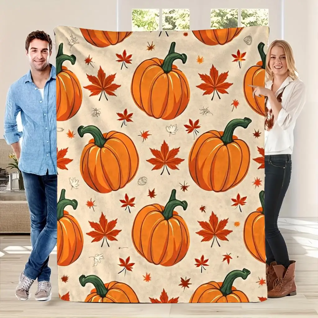 1pc Pumpkin and maple leaf patterned blanket, made of polyester, machine washable, suitable for bedroom and living room décor.