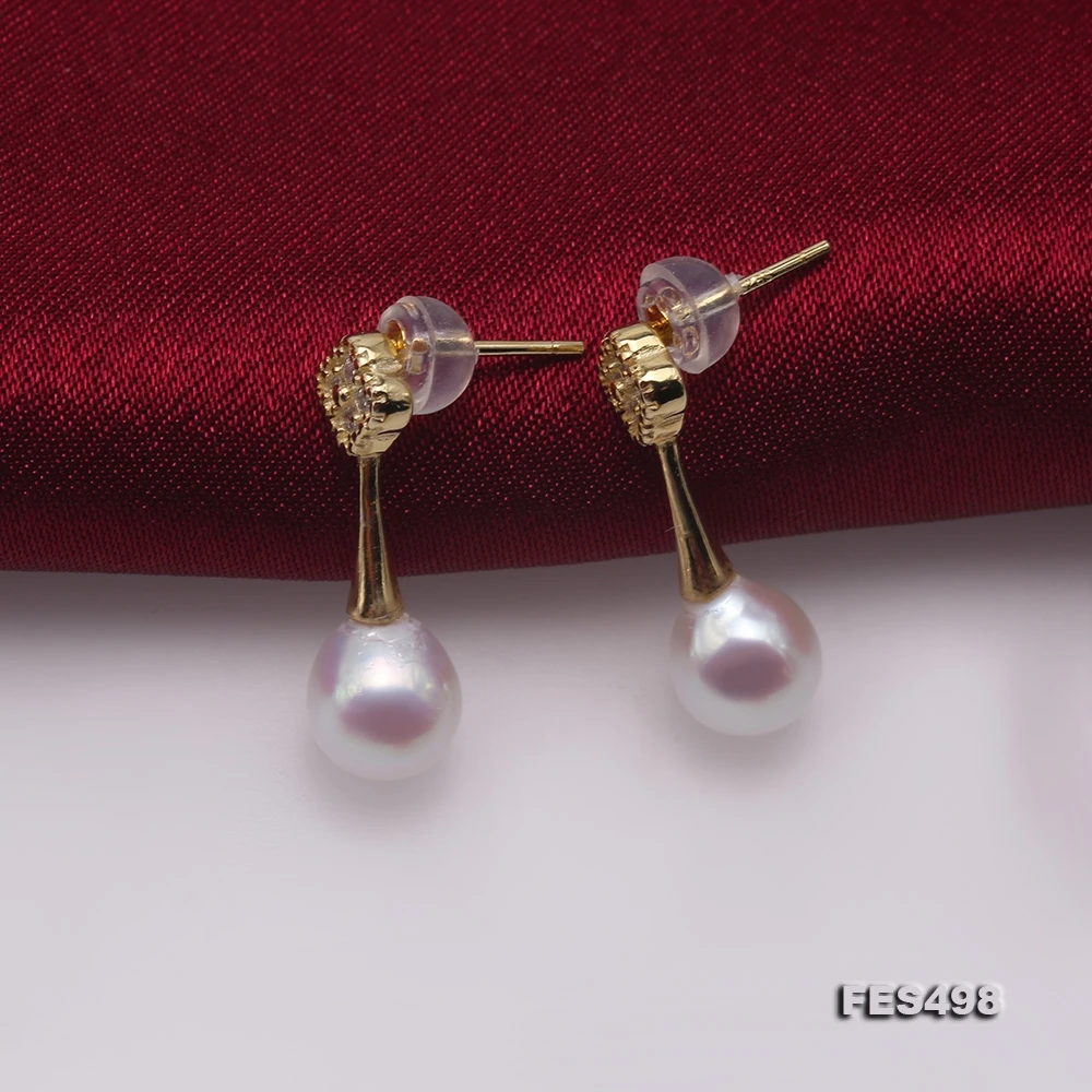 Unique Pearls Jewellery Graceful 7.5mm White Freshwater Pearl Earrings Sterling Silver Dangle Earrings