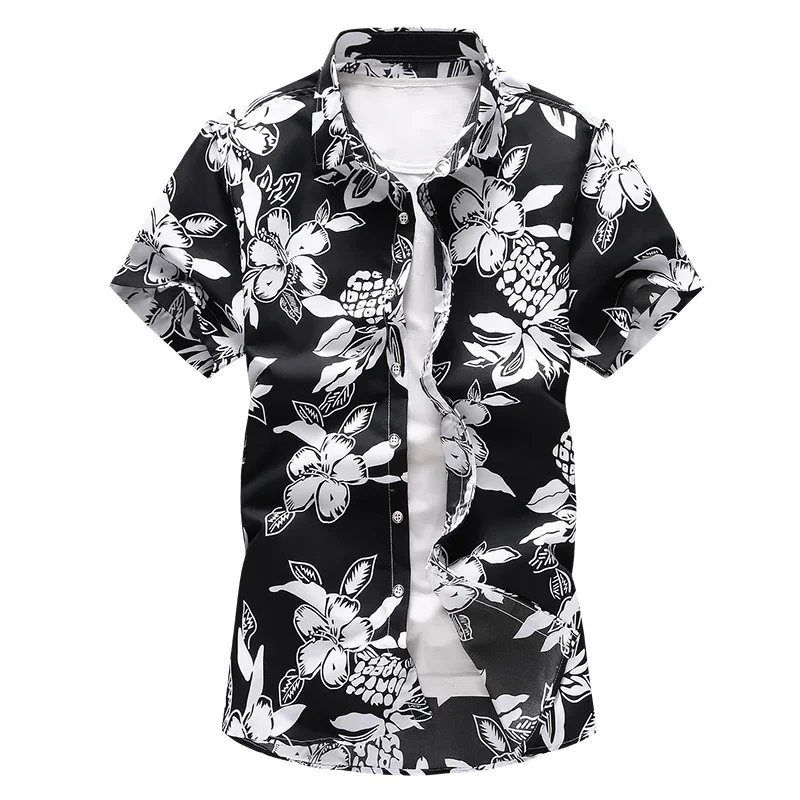 

Men floral printed Slim Short sleeve shirts Summer Hawaiian vacation Party casual red blue black Shirt camisa masculina 6XL 7XL