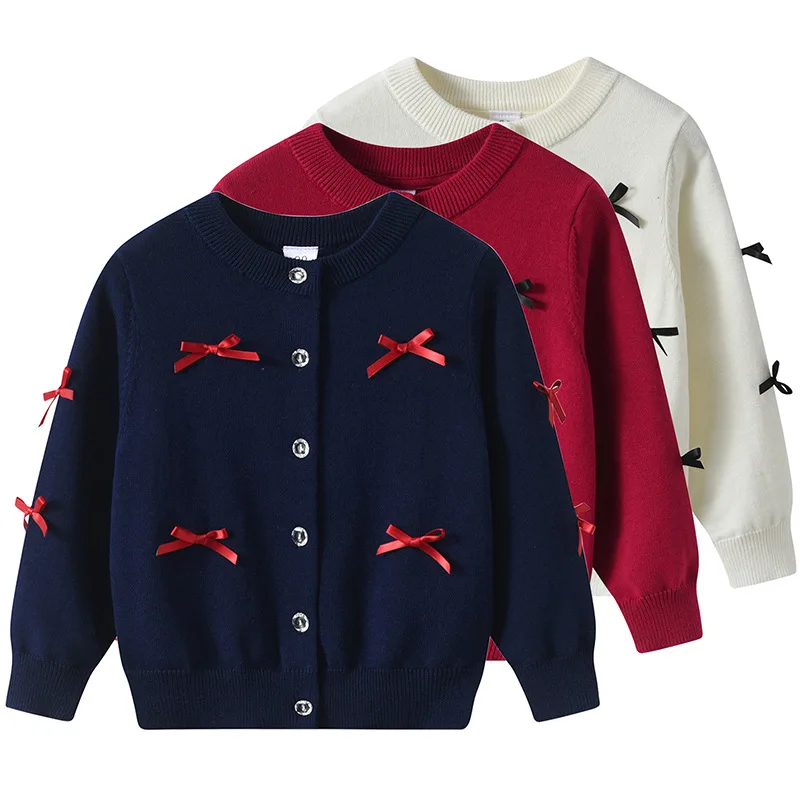

2025 Spring and Autumn Bow Girls Sweater Cardigan Children's Jacket Cotton Knitted Sweater