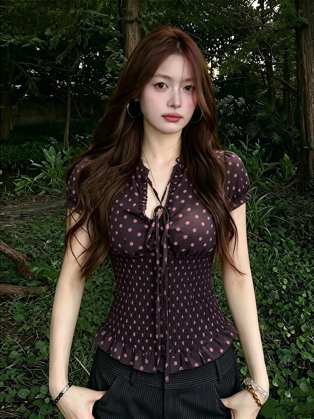 

American Retro Polka Dot Bubble Sleeve Shirt Women's Summer Slimming Belted Pure Desire Spicy Top Trendy Women's Shirt