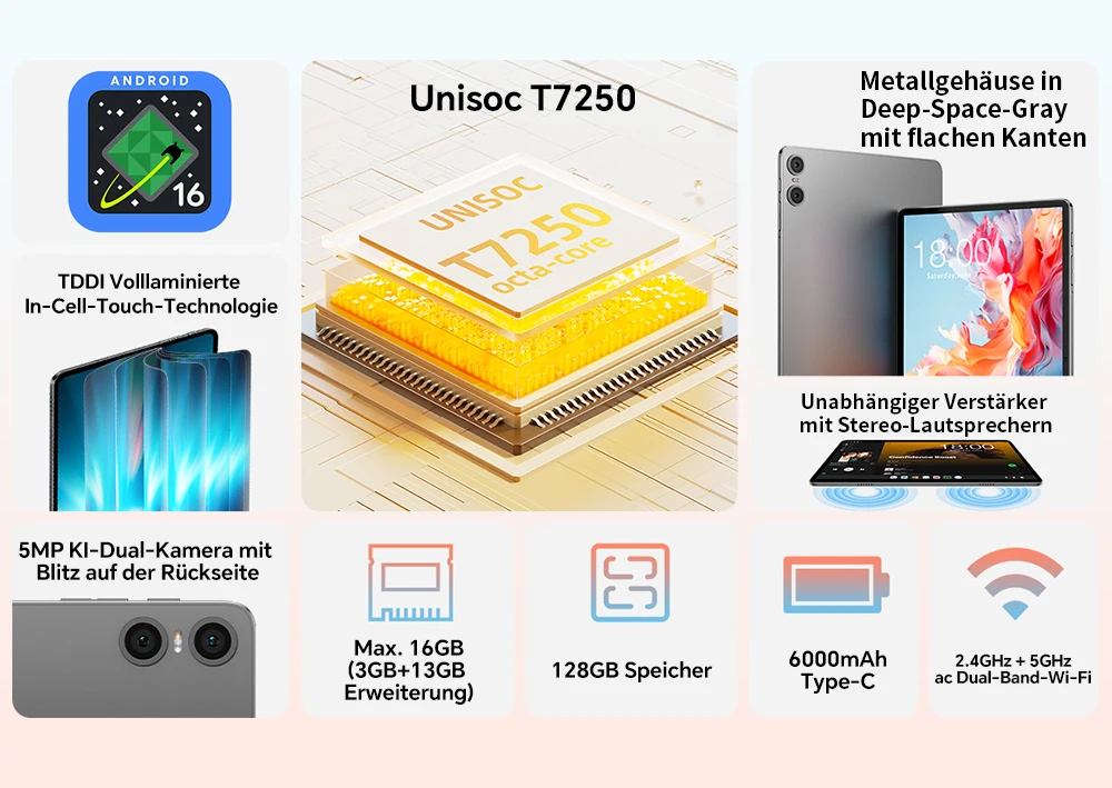 Teclast P30T 2026 10,1-Zoll-Tablet, mit Gemini AI, Android 16, bis zu 16 GB RAM (3 GB + 13 GB erweiterbar), 128 GB ROM, T7250 8-Kern-Prozessor, 6000-mAh-Akku, Type-C-Anschluss. – Detail 2