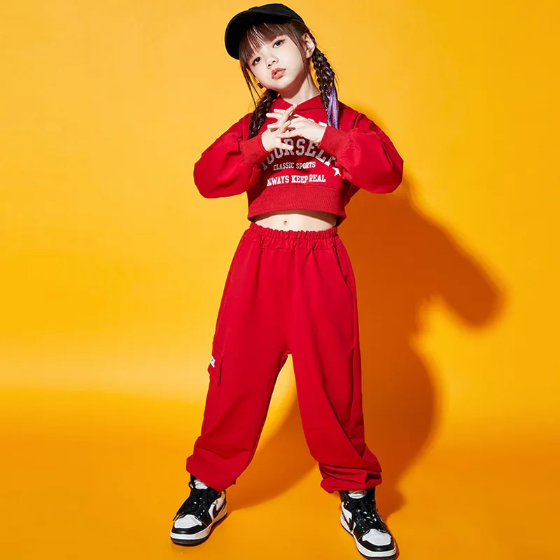 Kid Kpop Hip Hop Clothing Red Letters Crop Hoodie Sweatshirt Casual Sweat Jooger Pants for Girl Boy Jazz Dance Costume Clothes