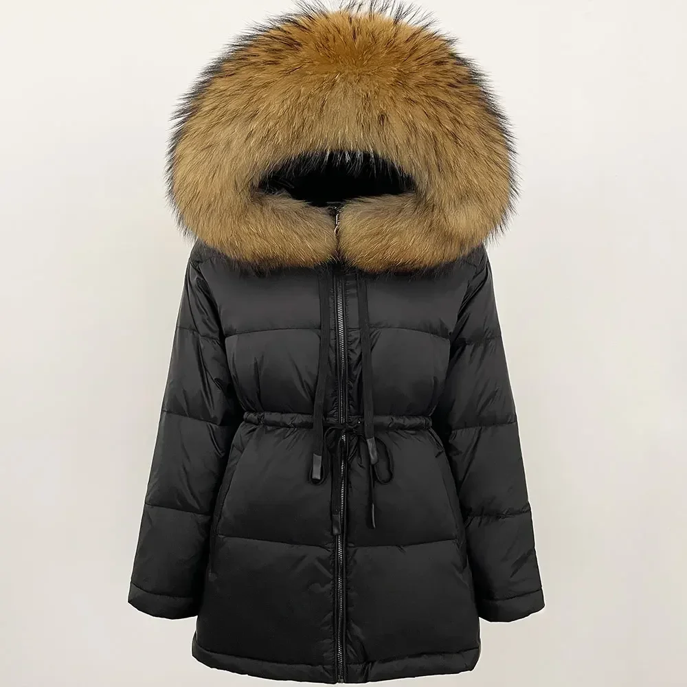 Winter Puffer Jacket Women Large Natural Raccoon Fur Hooded Warm Fur Coat Sash Tie Parkas Waterproof 90% Duck Down Coat Female