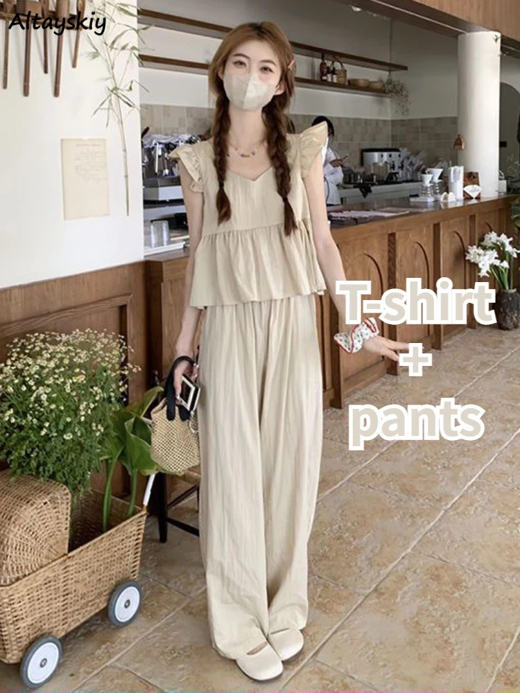 

Sweet Summer 2 Pcs Sets Women Wide Leg Mopping Leisure Pants Flying Sleeve Crop Tops Ruffles Gentle T-shirts Preppy Style Loose