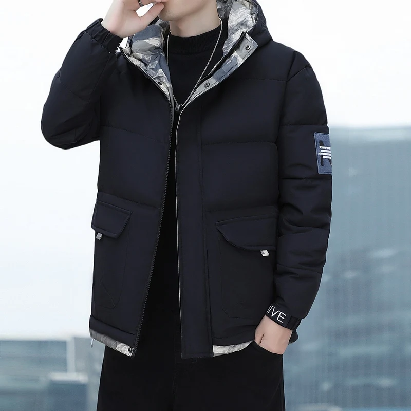 2023 New Men's Winter Cotton Coat Loose Cotton Coat Short Fashion Brand Versatile Hooded Print Thickened Casual Coat