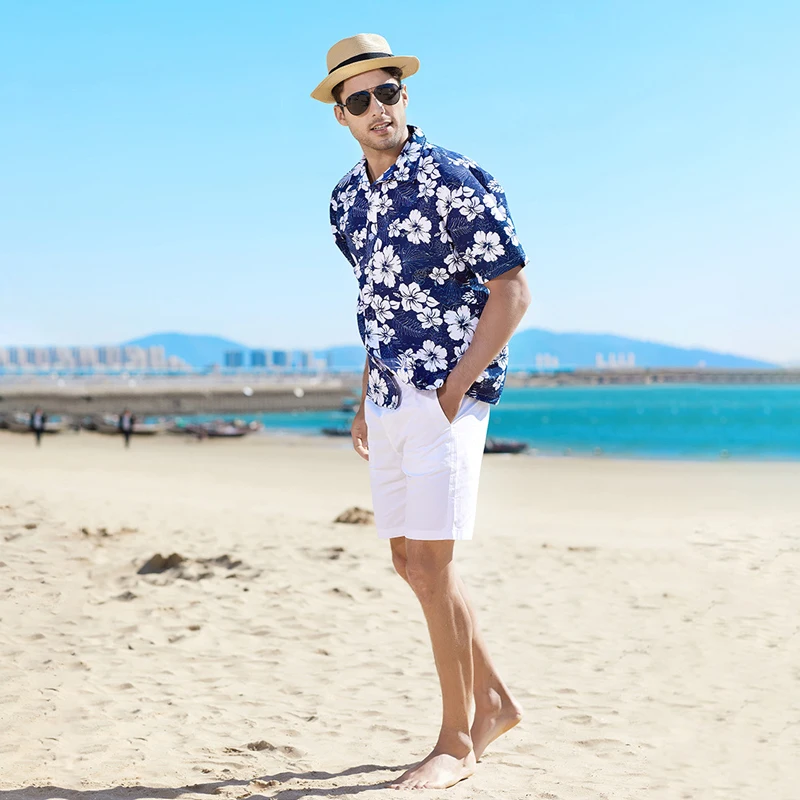 Men Street Fashion Summer Daily Shirt Hawaiian Flower Palm Tree Print Casual Loose Shirts Short Sleeve Beach Loose Tops Clothing