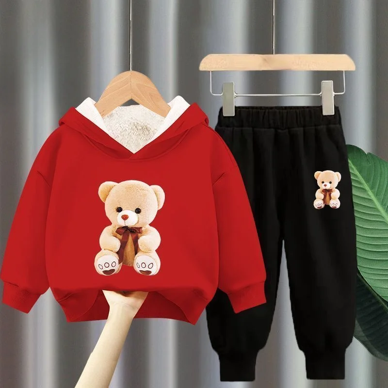 winter Boys Clothes plush warm long sleeve& trousers 2 Pieces Set Teenage Girls & Boys Printed bear hoodies Fashion Casual Top &