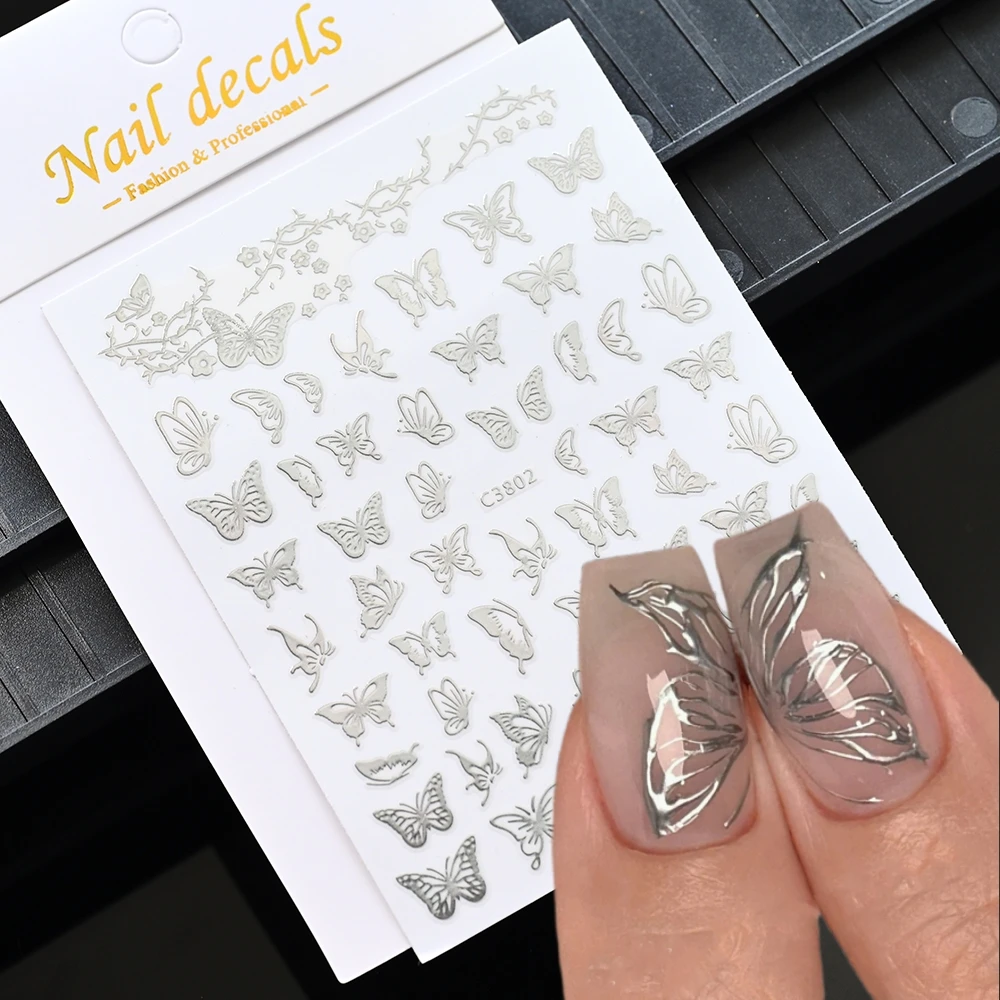 

Metal Silver Butterfly 3D Nail Art Sticker Hollow Fuidity Fairy Butterfies Stars 3D Decal Manicure Holographic Bronzing Slider #