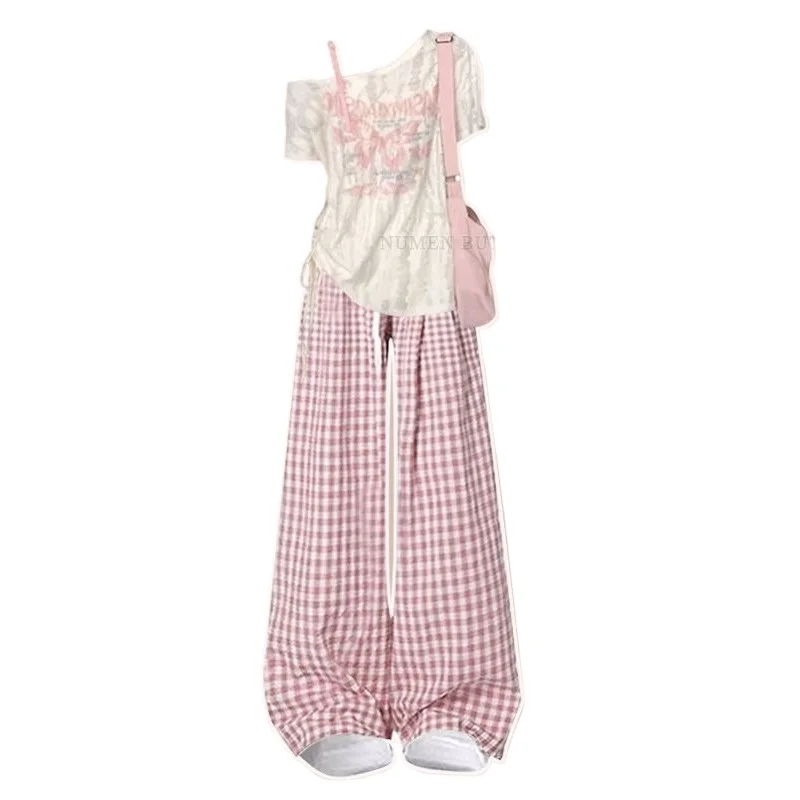 

Summer Suit Women's Gentle and Sweet Off-shoulder T-shirt Loose and Thin Plaid Wide-leg Casual Pants Two-piece Set Age Reduction