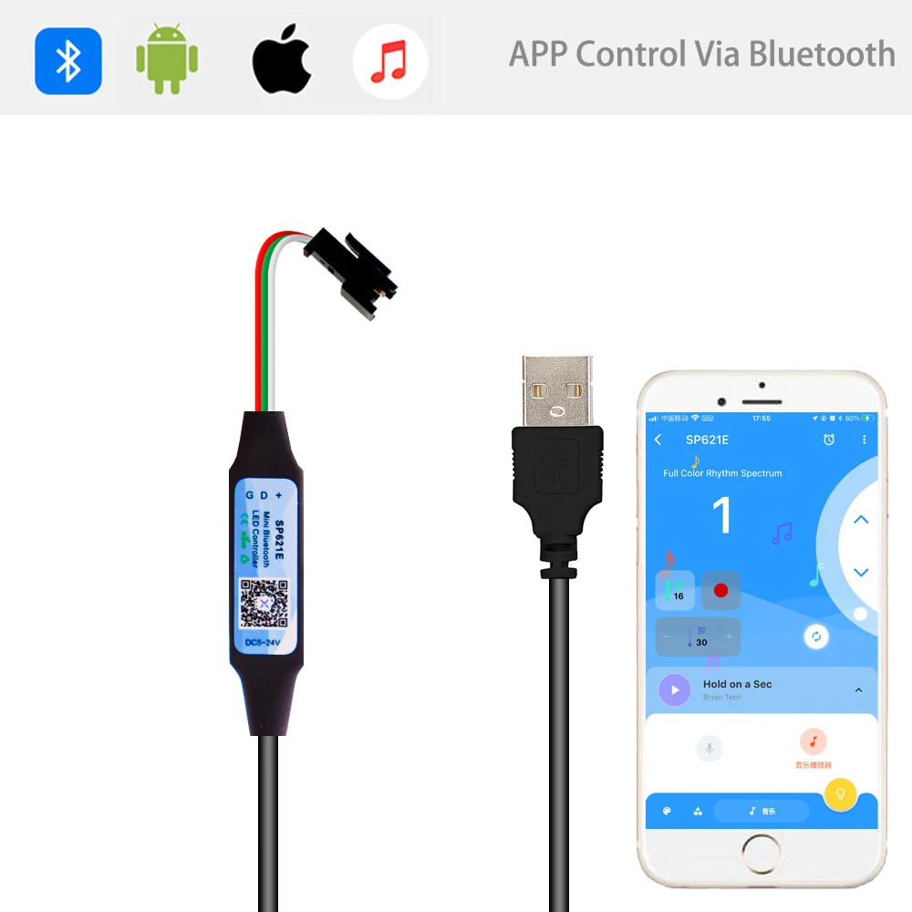 Mini contrôleur de Pixel LED SP621E, Bluetooth DC5-24V, contrôle par application, USB/DC pour WS2811 WS2812B SK6812, bande LED couleur de rêve, 5 pièces