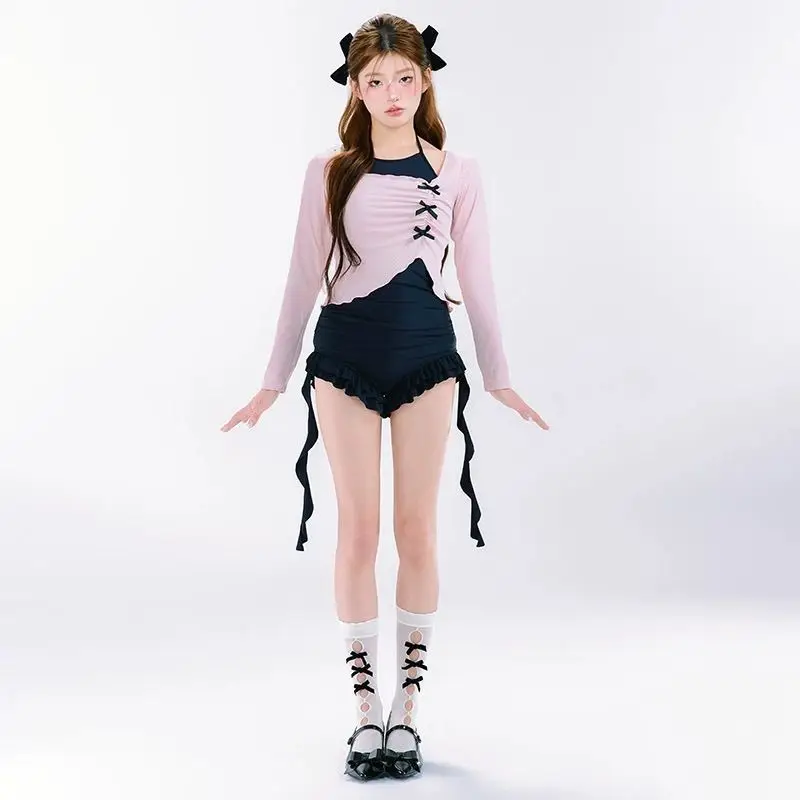 Costume da bagno intero a maniche lunghe per ragazza dolce e piccante in stile giapponese Harajuku, set da due pezzi con grembiule sottile per le vacanze primaverili