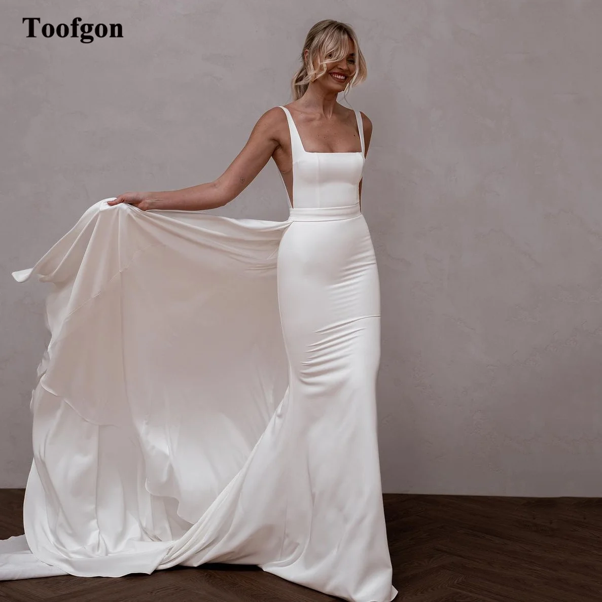 

Toofgon Mermaid Silk Satin Wedding Gowns Straps Backless Formal Wedding Party Bride Dress With Train Fishatil Bridal Gowns 2024