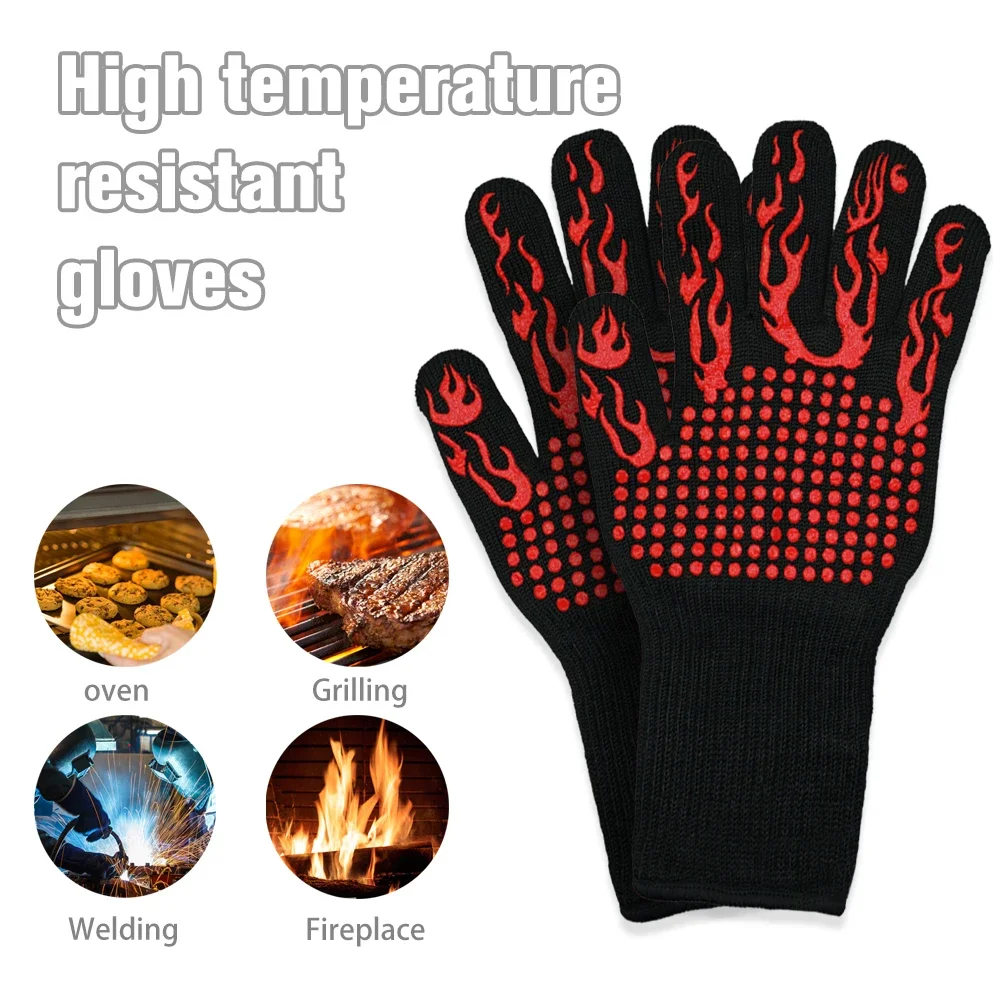 High Temperature Resistant BBQ Gloves, Heat Insulation Fireplace Grilling Gloves, Anti-scald Oven Glove for Ktichen Baking Grill