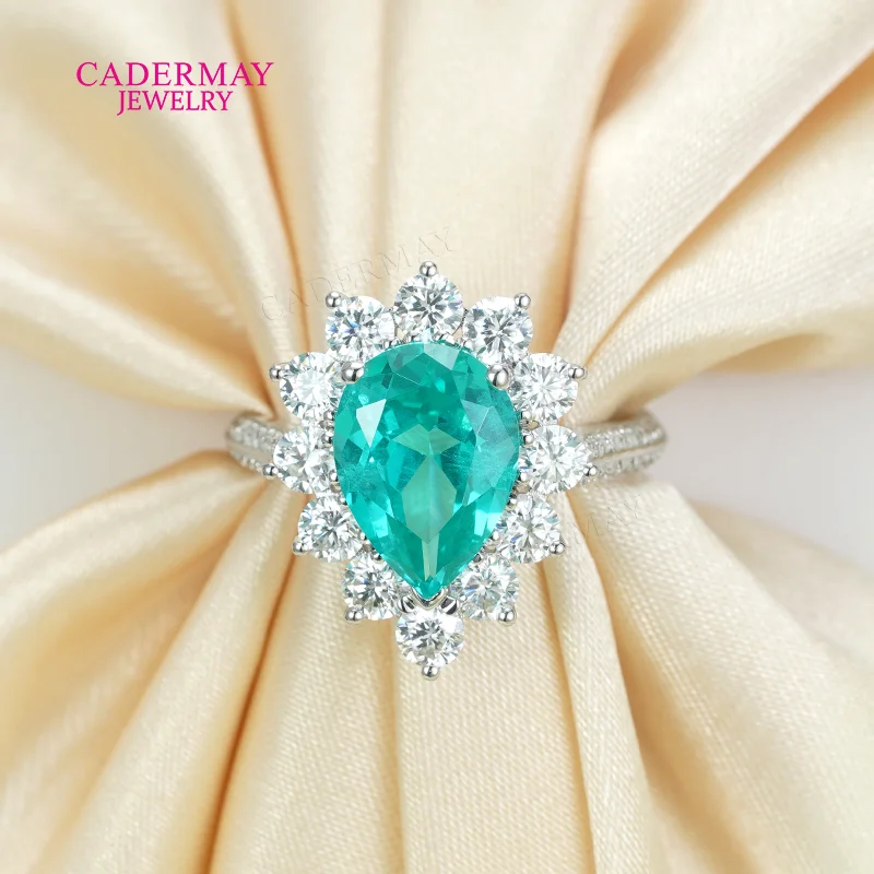 S925 Lab Paraiba Rings S925 Silver 8x11mm Pear Shape Paraiba YAG With Moissanite Wedding Engagement Ring Pave For Women Gift