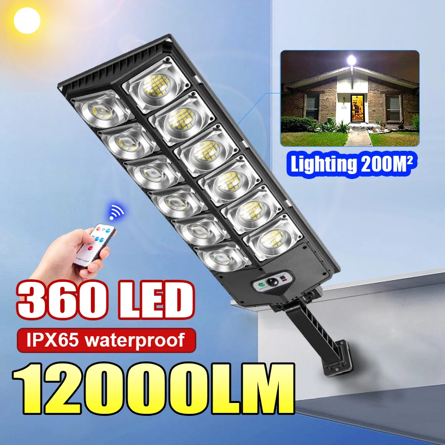 

Солнечные фонари 360LED, уличные водонепроницаемые светодиодные прожекторы 12000LM, датчик движения с дистанционным управлением, 3 режима, уличный фонарь для двора, садовой дорожки