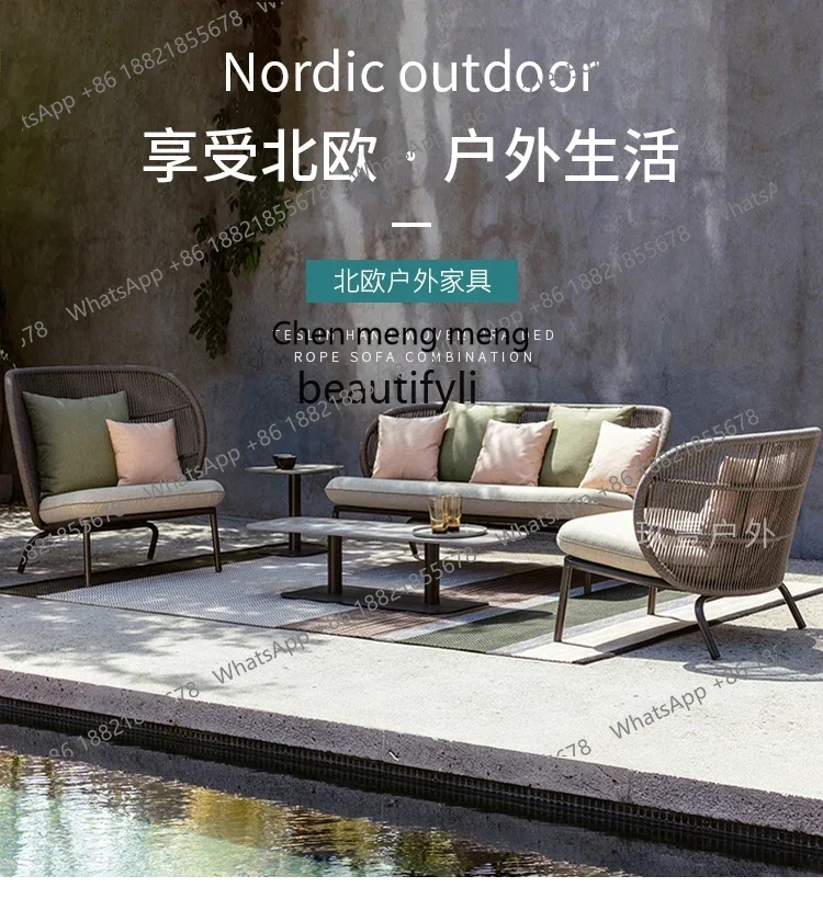 HOutdoor rattan sofa sunscreen waterproof courtyard balcony casual rattan sofa small coffee table open-air furniture  R