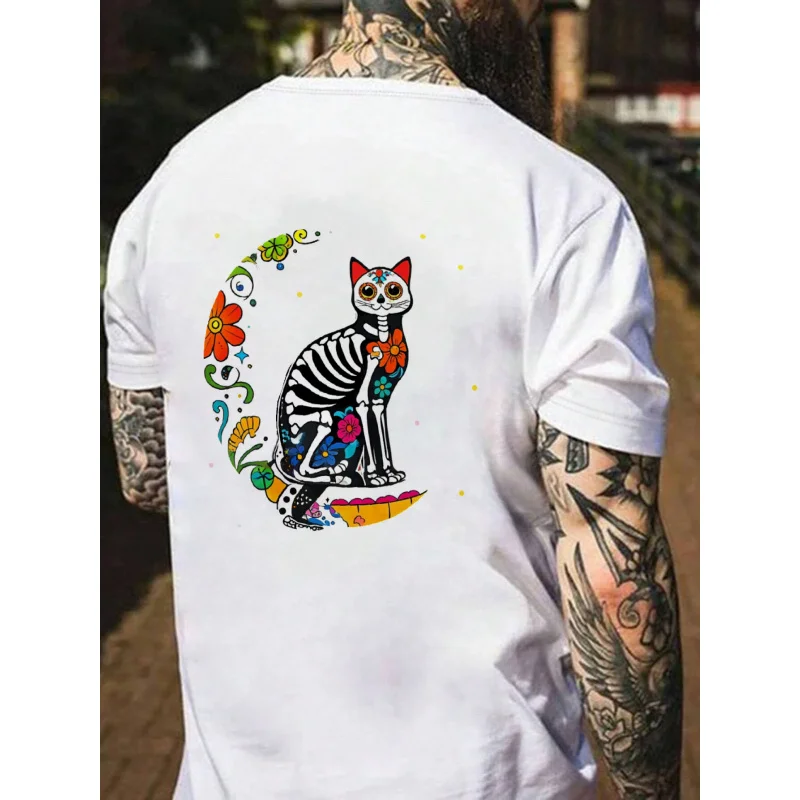 

Men's T-Shirt White Day of the Dead Cat Skeleton Printed High Quality Cotton 180g+ Casual Streetwear for Halloween and Festivals