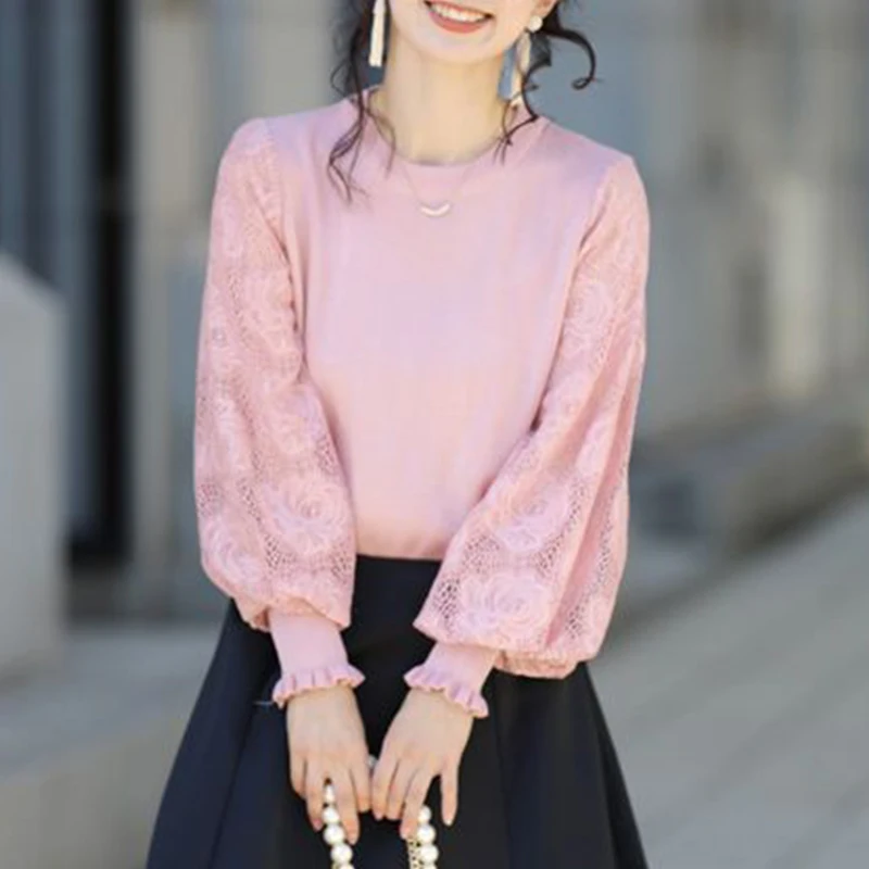 Autumn Elegant Fashion Preppy Style Prairie Chic Sweater Women Round Collar Hollow Out Lace Long Lantern Sleeve Loose Casual Top