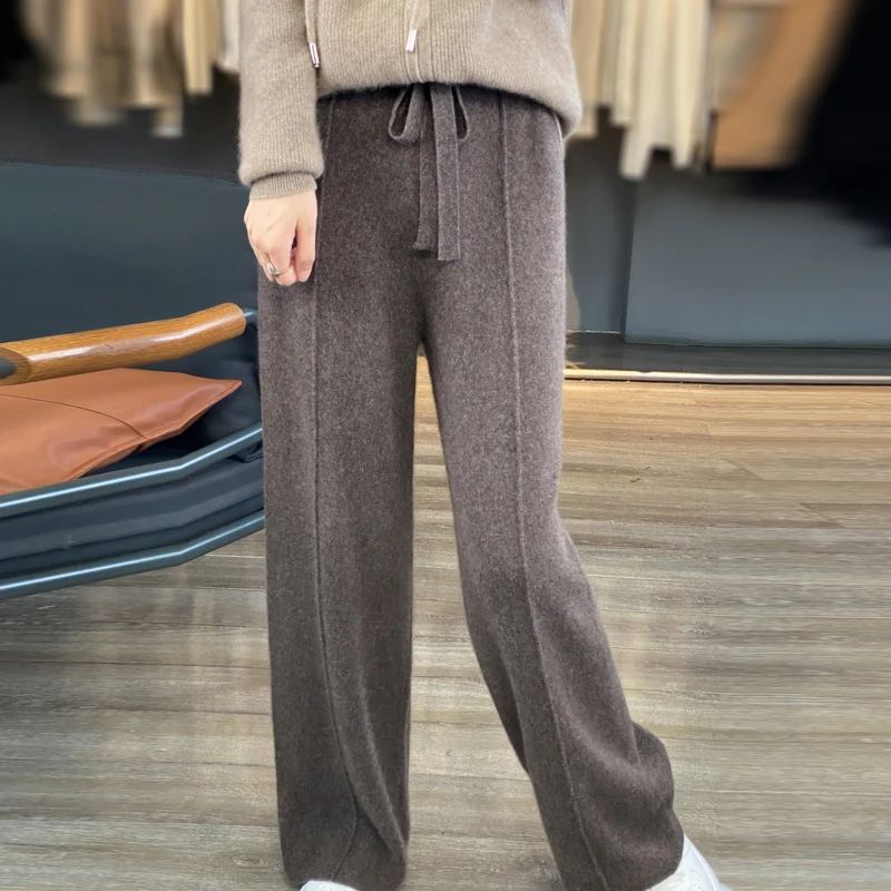 New Women Autumn Winter Wide-Leg Pants 100% Merino Wool High Waist Trousers High Quality Soft Casual Straight Leg Slacks Popular
