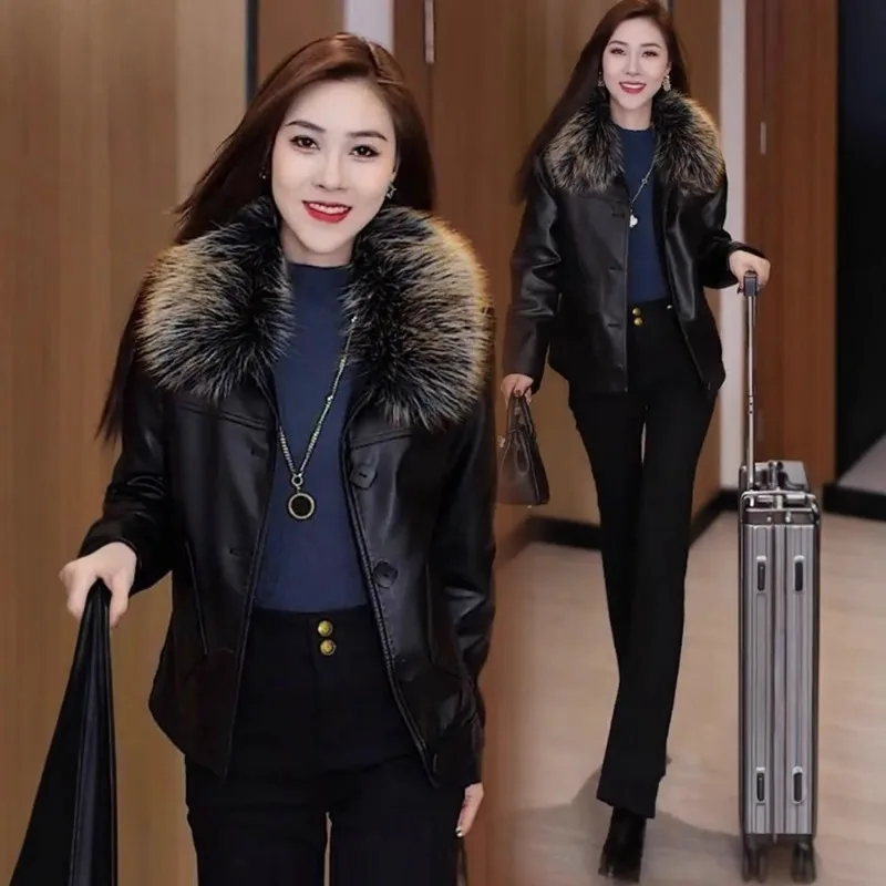 New Autumn Winter Style Fleece Thickened Women Stylish Make Petite Figure Look Good Versatile Casual PU Jacket Top Fashionable