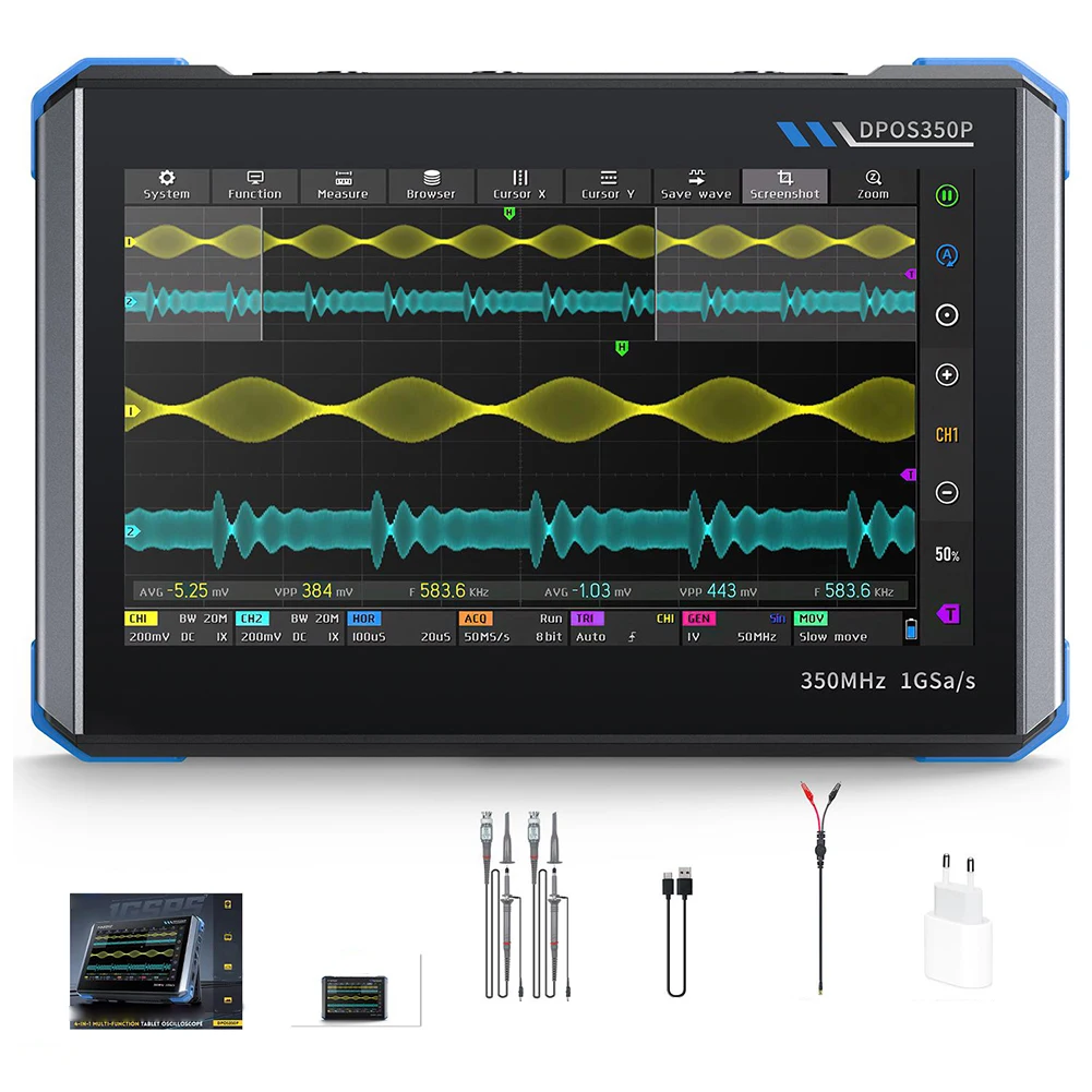 DPOS350P 4-in-1 Tablet Oscilloscope 2-channel 350MHz Signal Generator 50MHz, Spectrum Analyzer Frequency Response Analyzer