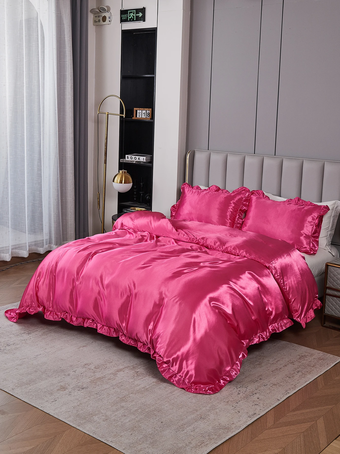 Rose Pink Satin Bedding Set Luxury Ruffled Duvet Cover Set Pink Reversible Quilt Cover Set for Girls Adult Bedroom Hotel