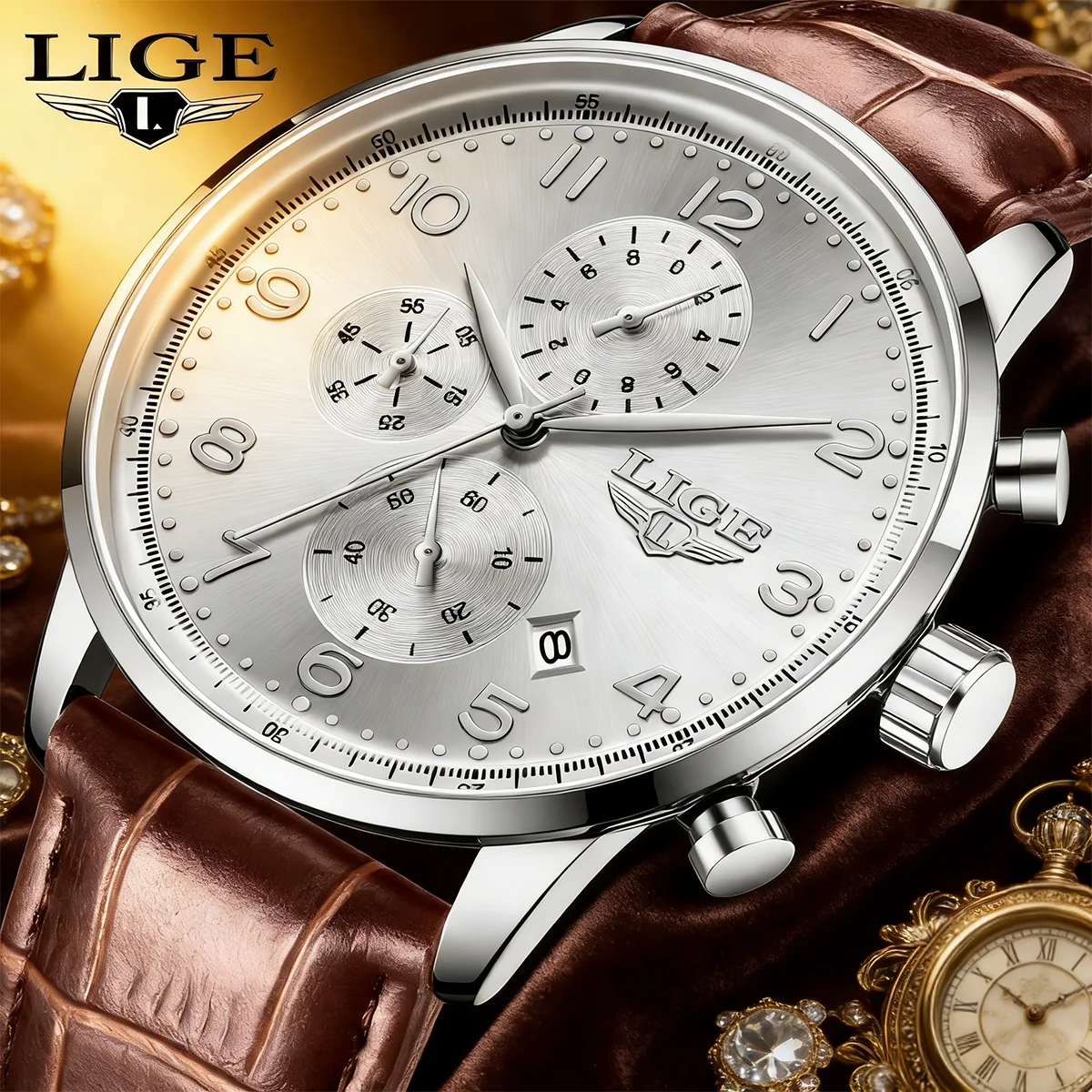 

Мужские роскошные часы LIGE, деловые, с календарем, водонепроницаемые, модные, спортивные, кожаные, хронограф, кварцевые часы для мужчин.