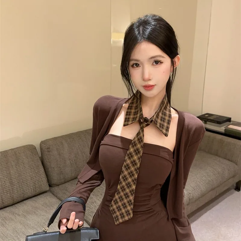 

Осенне-зимний комплект Spicy Girl Slim Fit Strapl Dr High End Feeling Personali ort Юбка с поясом + пальто-кардиган