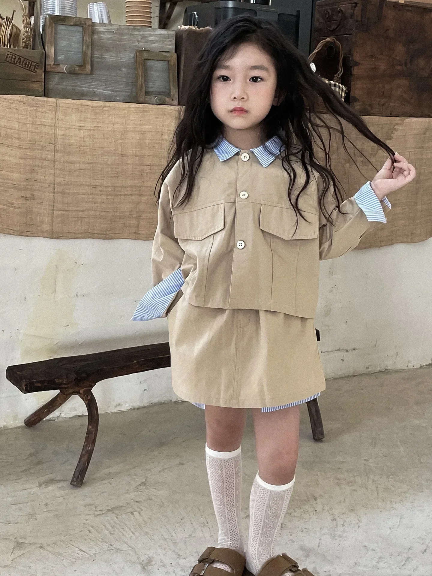 Girls Suit 2024 Autumn New Childrens Wear Korean Style Girl Baby Foreign Style Jacket Half Skirt Two-piece Set Casual Simple