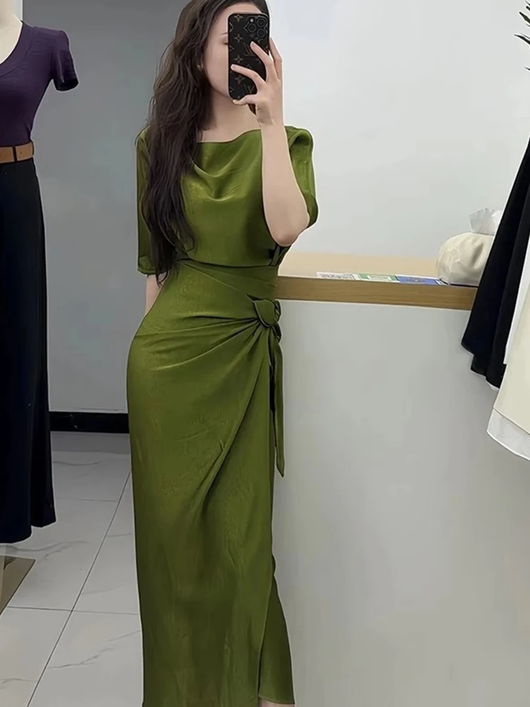 

Retro Green Silk Satin Slimming Long Dress Women's High Waist A-Line Skirt Summer City Walk Short Sleeve round Neck Zipper