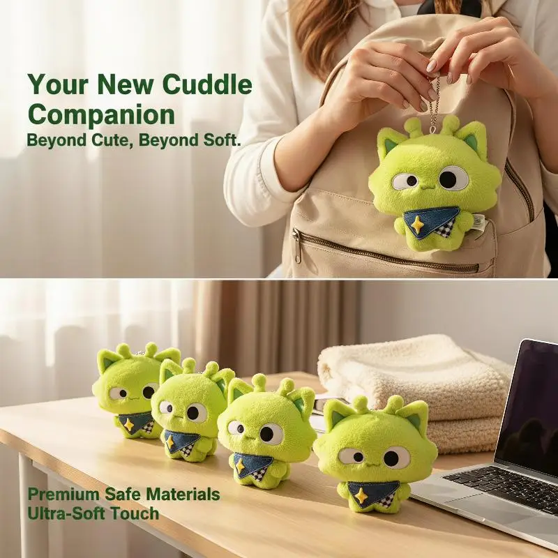 Green Alien Cat Plush Keychain Soft Fluffy Stuffed Pendant with Bib Cute Bag Charm for Kids Birthday Gift