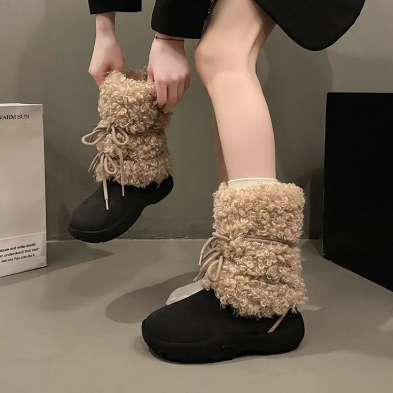 

2026 Winter Snow Boots Women Ski Boots Luxury Fluffy Furry Fur Boots Female Warm Waterproof Platform Black Cotton Boots New 40