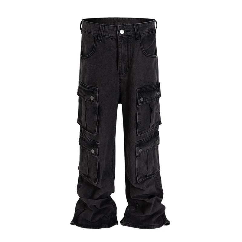 Hi Street Cargo Washed Jeans Pants Multi Pockets Streetwear Denim Trousers For Male Patchwork