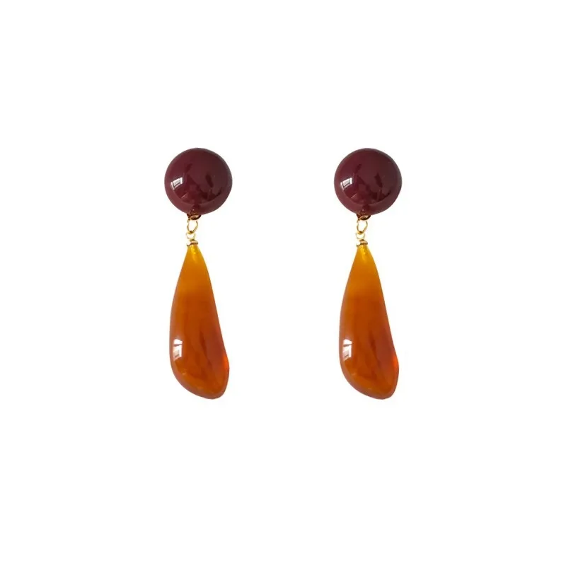 Vintage French Amber Acrylic Droplet Earrings Women\'s Hong Kong Style Elegant Simple Elegant Trendy Advanced Earrings Jewelry