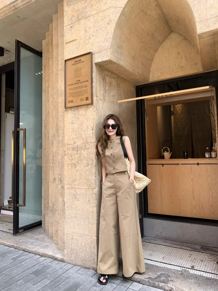 Advanced Old Money Style Set For Women\'s 2024 Summer New Fashionable Khaki Vest Wide Leg Pants Two Piece Set