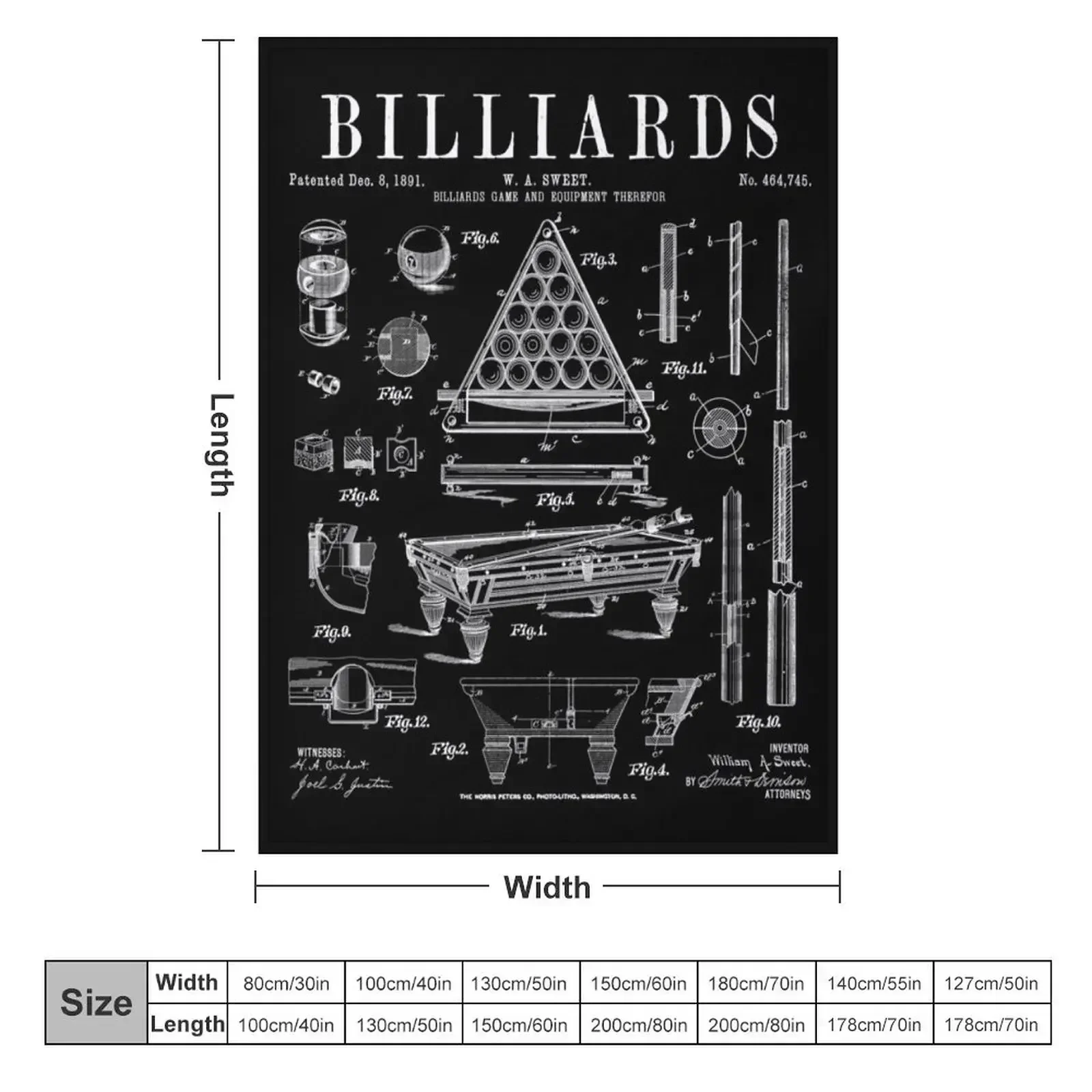 Billiards Table Pool Cue Ball Vintage Patent Drawing Print Throw Blanket Soft Big Cute Loose Personalized Gift Blankets