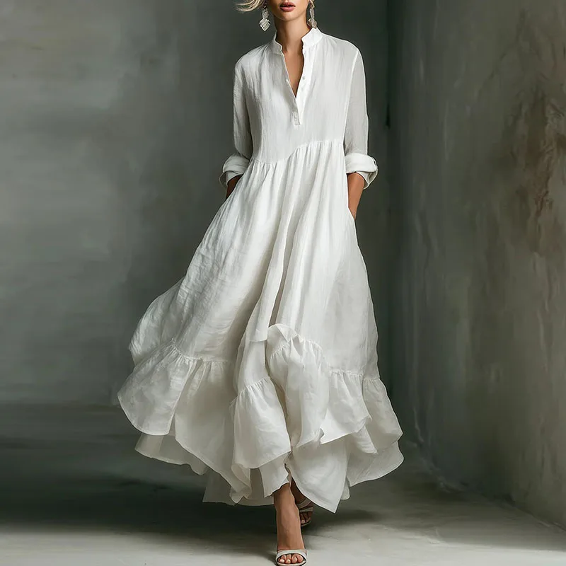 French Woman Stand Collar Button Maxi Dress Spring 3/4 Sleeve Loose Ruffle Party Dress Summer Solid Pocket Casual Vacation Dress