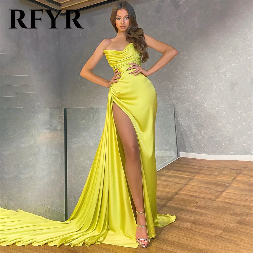 RFYR Gold Elegant V-Neck Women Evening Dress Simple Sleeveless with Pleats Satin Trumpet Slit Prom Formal Gowns Dress Customized