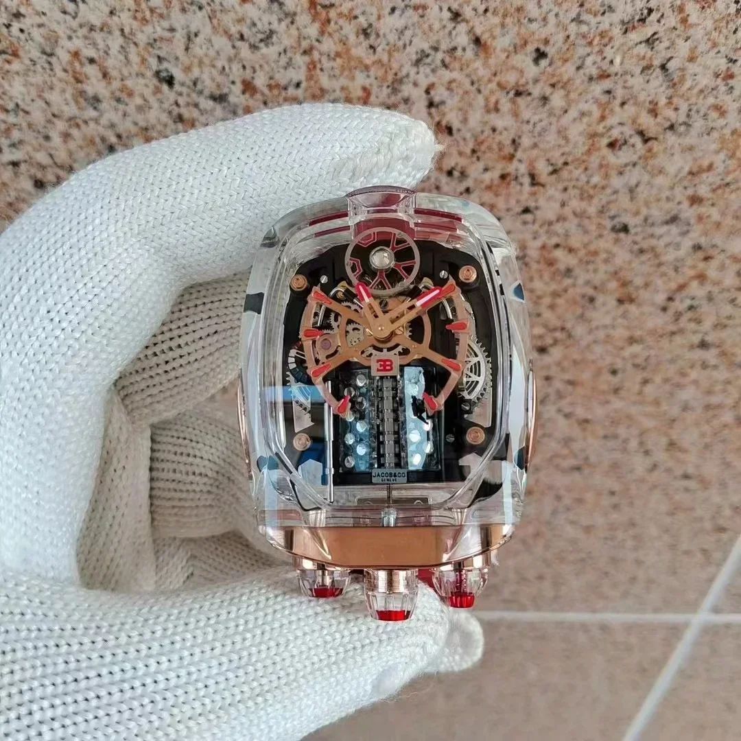 2024 Latest Bugatti JACOB Mechanical Watch Sixteen cylinder engine transparent waterproof men\'s watch giv tourbillon
