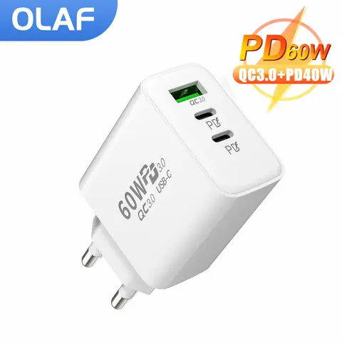 Olaf PD 60W USB C 충전기 고속 충전 유형 C 충전기 빠른 충전 3.0 iPhone Xiaomi Huawei Samsung 용 전화 충전기 어댑터