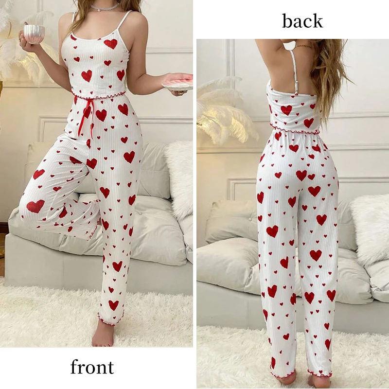 Women\'s Two-Piece Ice Silk Ribbed Sexy Printed Vest and Bow Decoration Long Pants Home Casual Women\'s Sleepwear Set