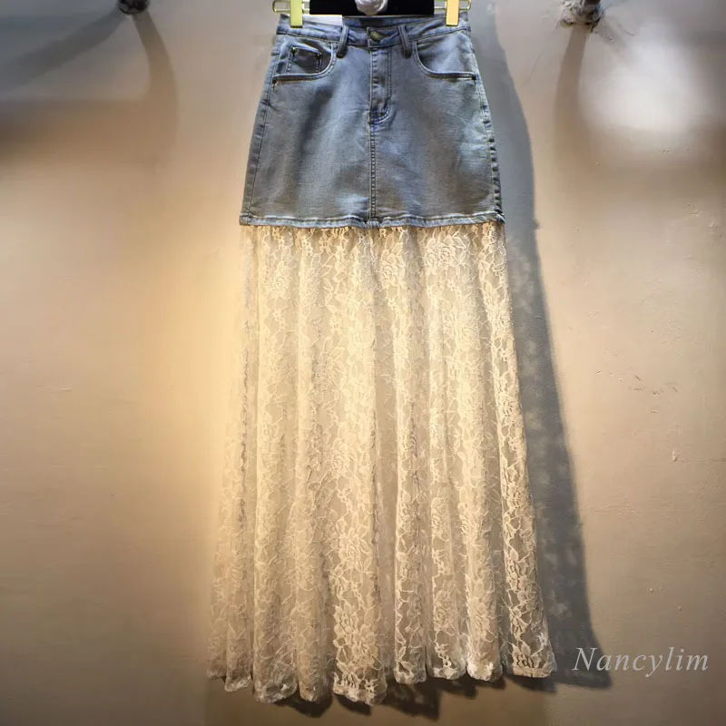 

2025 Summer New Long Denim Splicing Jacquard Lace High Waist Thin Skirt for Ladies, Big Swing Skirt for Women Street / Party