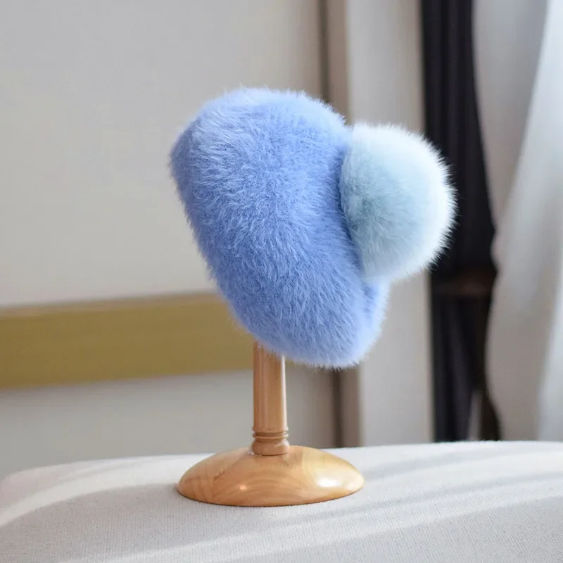 Mink Fox Fur Pompom Hat Velvet Warm Beret for Women Autumn Winter  Ourdoor Warm Knitted Hat Korean  Fashion Retro Bud Hat