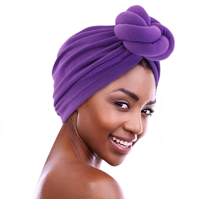 New African Solid Color Knotted Turban Women Cotton Chemo Cap Headscarf Beanie Hat Party Wedding Turban Headwear Turbante Mujer